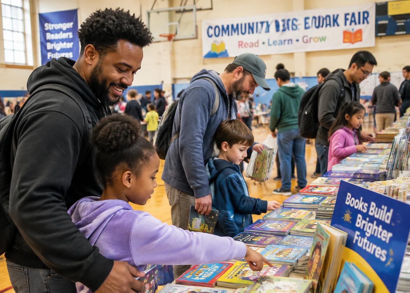 Dads and kids browsing books at a community book fair